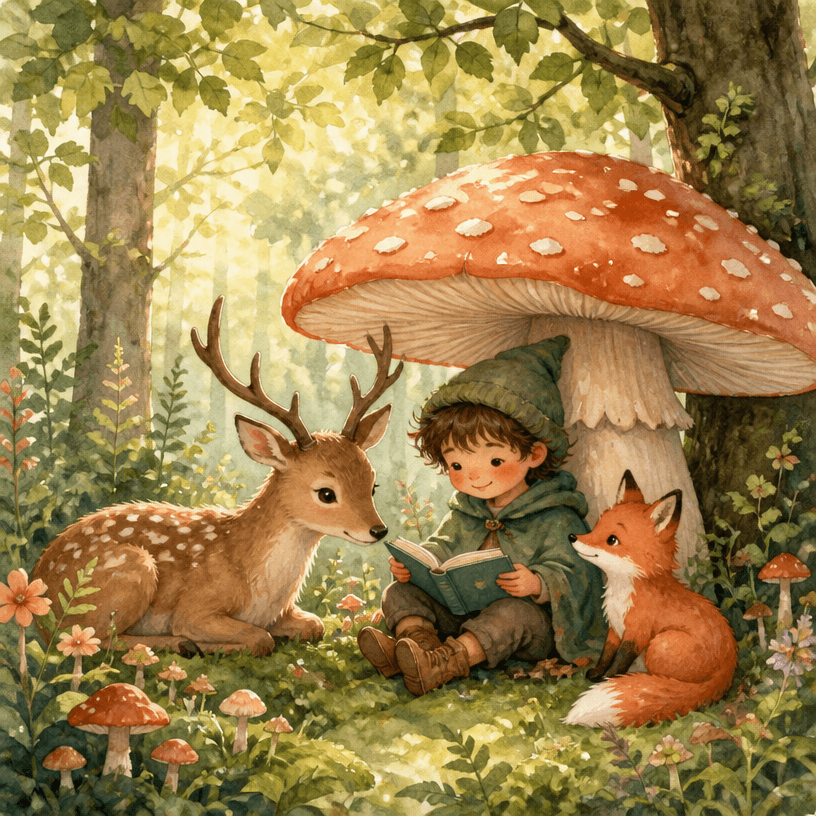 A child reading a story to a deer and a fox under a mushroom in the forest