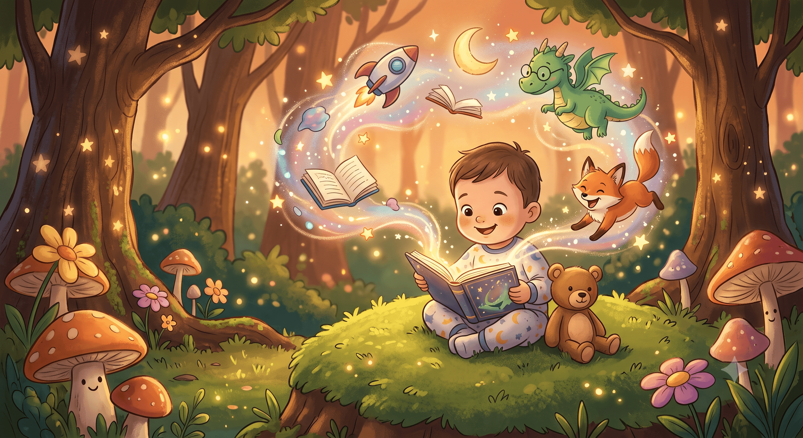 A child in pajamas reading a glowing storybook, with a rocket, a dragon, the moon, an open book, and a fox swirling out of its pages into a moonlit forest